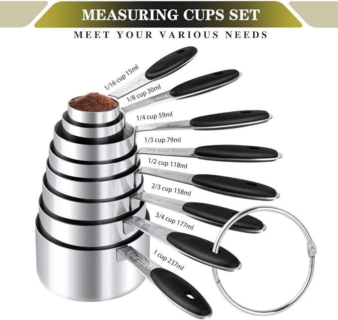Measuring Cups & Spoons Set of 16, BOBIPRO Stainless Steel 8 Nesting Measure Cups Set & 7 double-sided Magnetic Measuring Spoons Set & 1 Leveler for Dry and Liquid Ingredient
