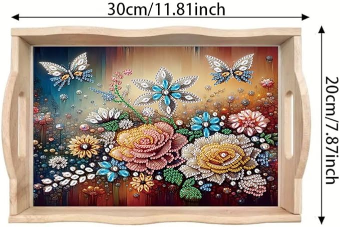 DIY Diamond Serving Tray Diamond Art Painting Creative Design Handmade Wooden Tray Dinner Plate for Coffee Breakfast Home Organizer-Butterfly Flower01