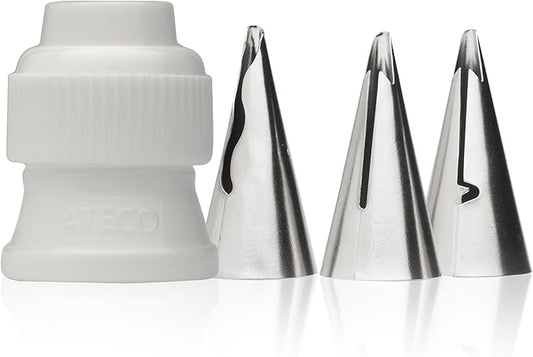 Ateco - 4 Piece Ruffle Decorating Tube Set, Includes Stainless Steel Tips: 030, 040, 070 & One Standard Coupler