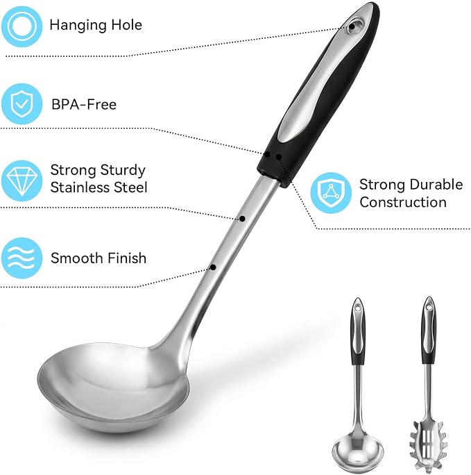 2 PCS Stainless Steel Soup Ladle and Spaghetti Spoon, Heat Resistant Non‑Slip Handle, Dishwasher Safe Kitchen Utensils for Cooking, Stirring, Serving Pasta, Soup and Sauce