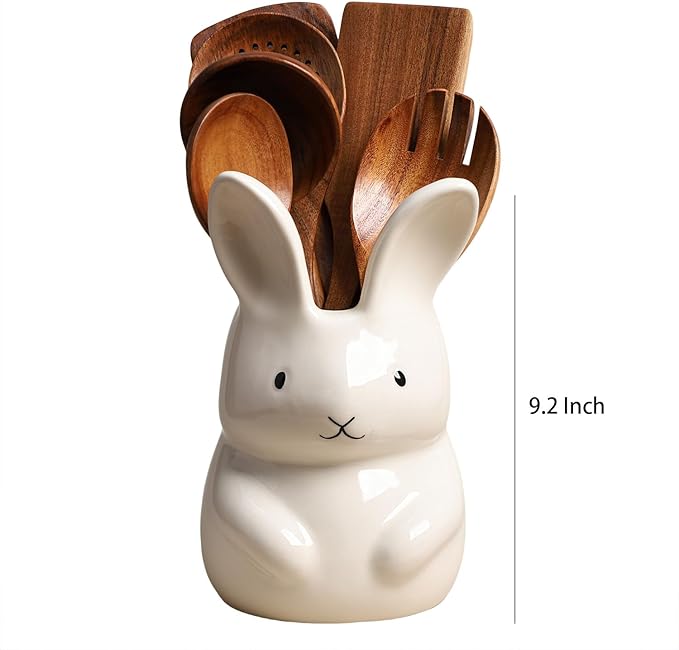 SOCOSY Ceramic Rabbit Kitchen Utensil Holder For Countertop Large Cooking Utensil Crock Holder Spatula Holder, Pure White