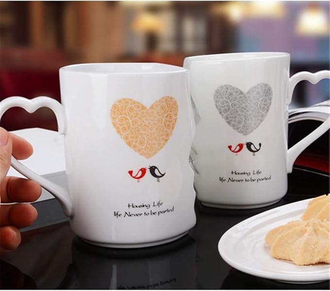 Creative Kissing Mugs Set, Ceramic Couple Coffee Mug with Lid, 12 OZ White Heart Tea Cup Set for Anniversary, Wedding, Birthday Gift