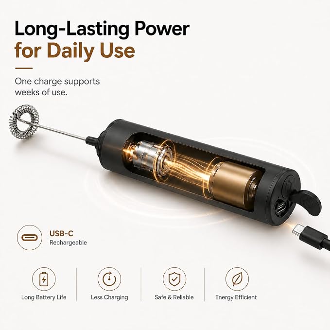 Rechargeable Milk Frother with Stand, Electric Whisks Foam Maker, POWERFUL USB C 2 Speed Handheld Drink Mixer for Coffee, Latte, Cappuccino, Matcha Drinks,Black