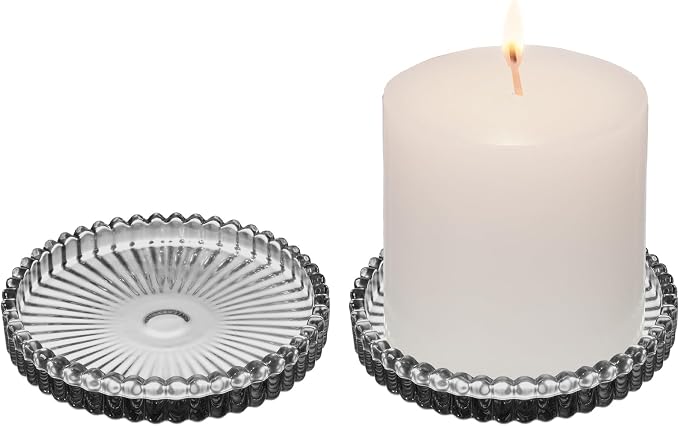 2 Pack Glass Pillar Candle Holders 4 Inch Ribbed Edge Design Decorative Candle Plate with Serrated Edges Clear Gray Display Stand for Wedding Home Decor Table Centerpieces