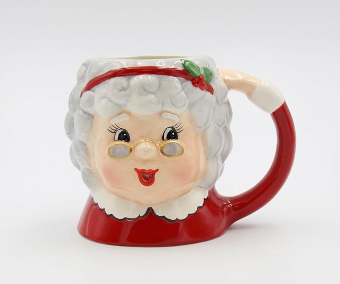 Fine Ceramic Christmas Holidays Mr. & Mrs. Santa Claus Mugs Set of 2 (2 Pieces Set), 5-3/4' L, White, Grey, Red