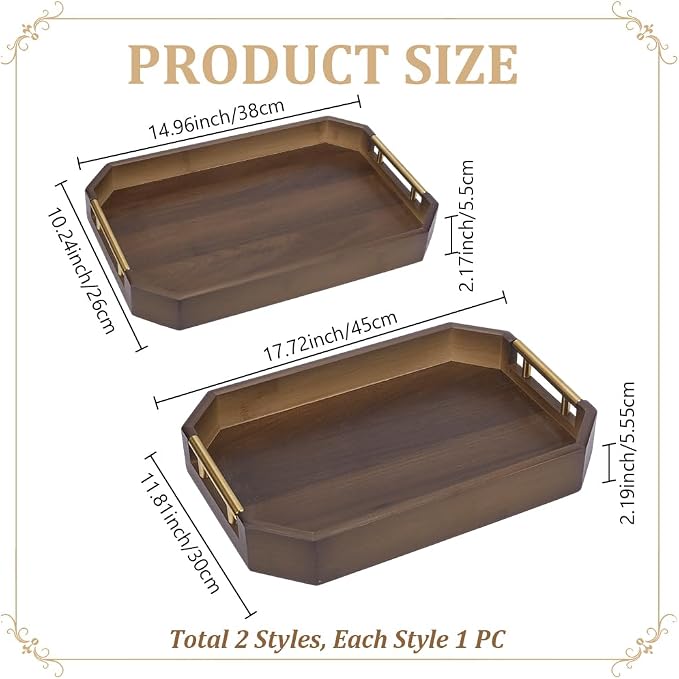 2pcs Wooden Serving Trays for Party with Metal Handles Octagonal Ottoman & Decorative Tray for Coffee Table Jewelry Tea Food Breakfast Eating Tray for Rustic Home & Kitchen Decor