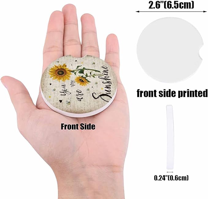 Small Car Coasters for Cup Holders 2.65" Absorbent 2 Pack Car Coaster Ceramic Stone for Drinks Absorb Water Drops Sunflowers You are My Sunshine