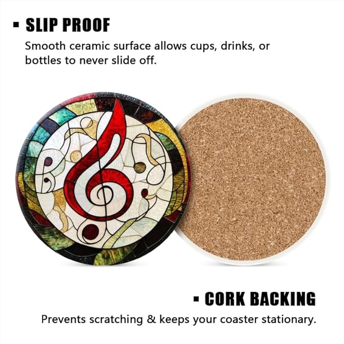 Round Ceramic Stone Cork Drink Coasters, Circular Composition of Musical Notes Absorbent Removable Non-Slip Cup Mat Place for Kitchen Counter Drinks Coffee Cup Tableware Set of 1 (4 * 4 Inch)