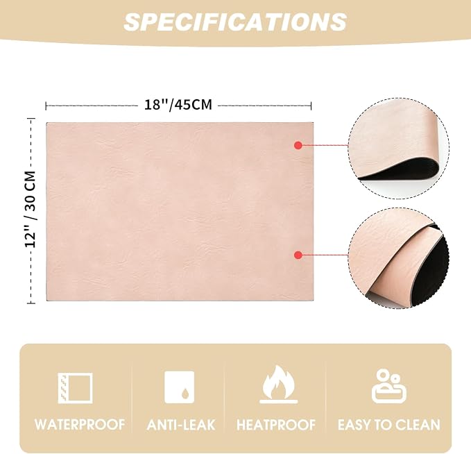 Artoid Mode Pink Faux Leather Placemats Set of 6, 12x18 Inch Waterproof Wipeable Heat Resistant Vinyl Place Mats, Reversible Table Mats for Spring Kitchen Dining Decor