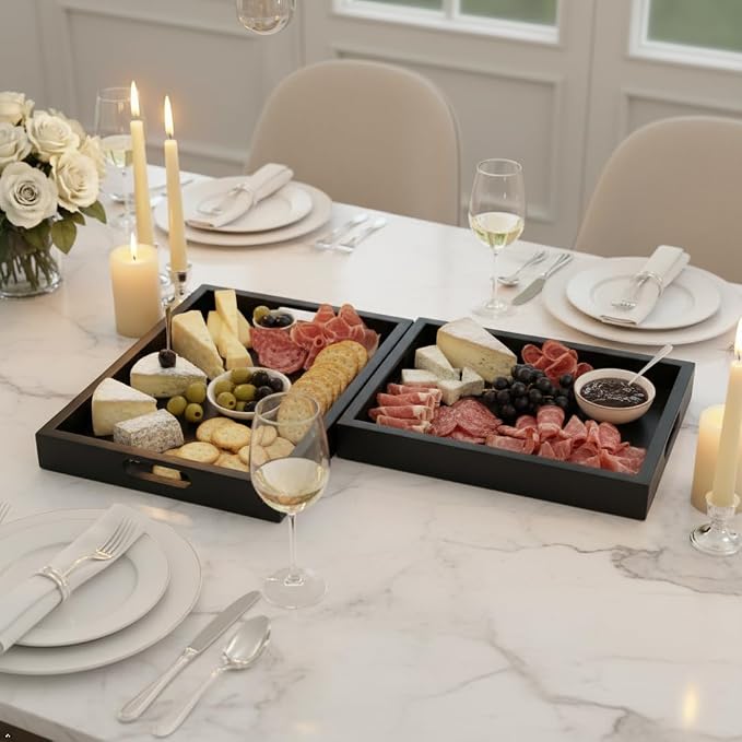 Black Acacia Wooden Rectangular Serving Tray with Handles, Set of 2 (15"x11" & 13"x10"), Large Tray for Ottoman, Breakfast in Bed, Dinner, Coffee Table Decor & Kitchen
