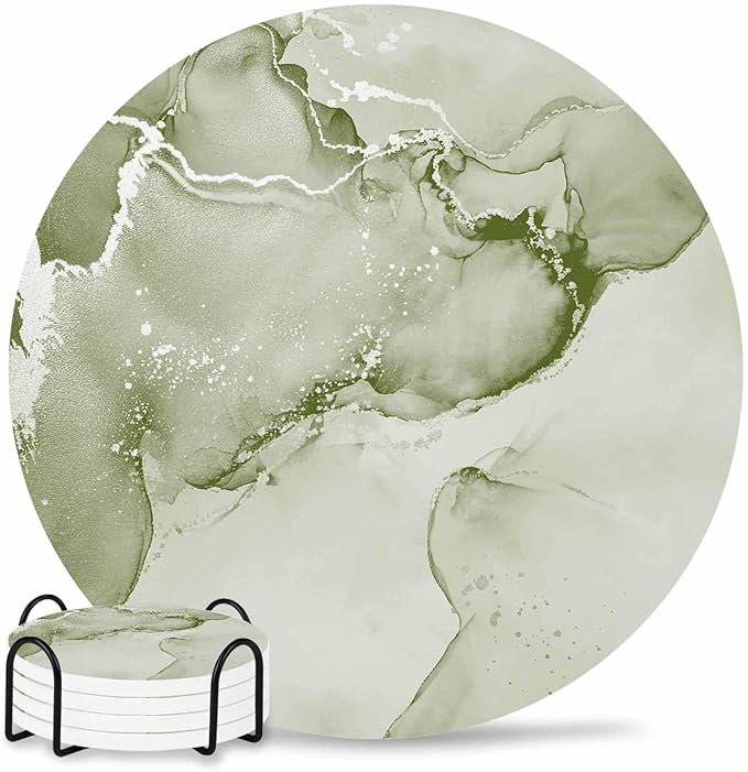 Coasters Set of 4 Sage Green Marble Drink Coasters with Holder Absorbent Stone Ceramic Cup Mat Abstract Waves Cloud Coaster for Drinks Coffee Bar Office Kitchen Cafe Home Table Decor