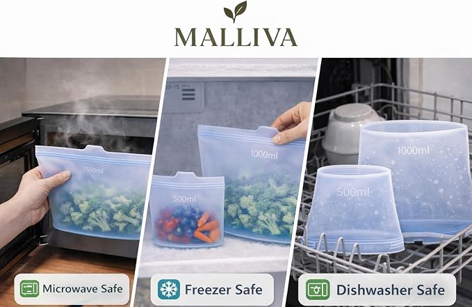 Reusable Silicone Food Storage Bags, 3 Pack (17oz, 34oz & 51oz), Stand Up Ziplock Bags for Meal Prep, Snacks & Sandwiches, Travel, BPA Free, Freezer, Microwave & Dishwasher Safe