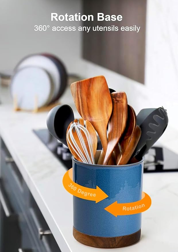 Nucookery 360°Rotating Utensil Holder, 7.2" Large Utensil Crock, White Ceramic Cooking Utensil Organizer,Farmhouse Kitchen Decor Christmas Thanksgiving Gift (Royal blue)