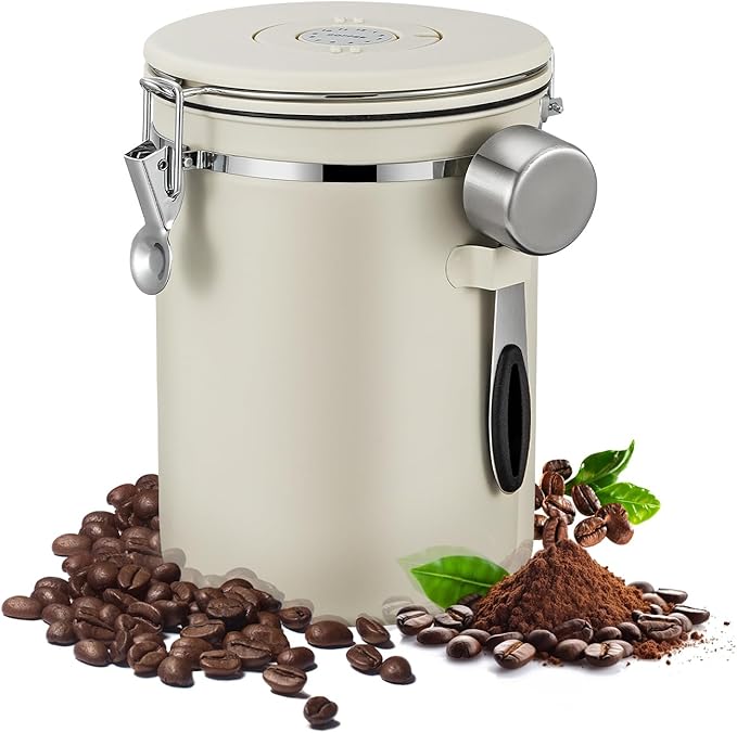Airtight Coffee Container with Date Tracker & Spoon - Kitchen Storage Jar for Coffee Grounds, Cereal, Beans, Sugar (Beige, 24OZ)