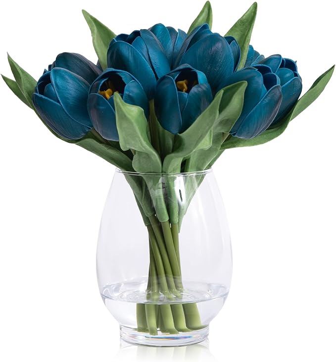 WELL KNOWN 12 Pcs Fake Tulips Artificial Flowers in Vase with Faux Water, Foam Tulip Flower Arrangement with Vase for Home Office Decor, Dining Table Wedding Centerpiece & Mom's Gift (Peacock Blue)