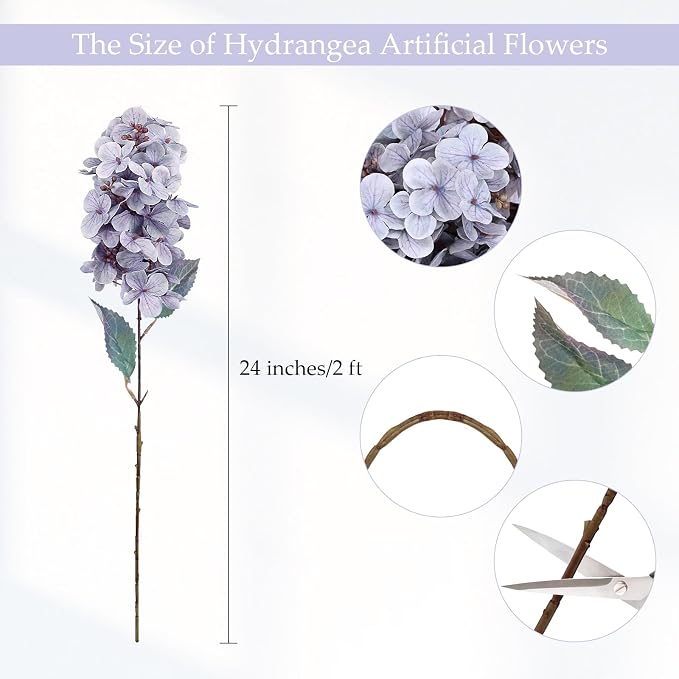 2FT Hydrangea Artificial Flowers - 10 PCS Long Stem Faux Cone Hydrangeas for Tall Vase, DIY Vintage Floral Table centerpieces for Dining Room, and Home Kitchen Decorations - Grayish Purple