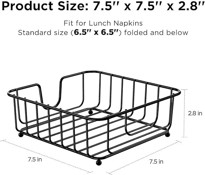 Napkin Holder for Table, Napkin Holders for Paper Napkins, Flat Metal Black Napkin Holders for Kitchen & Dining Table, 6.9" x 6.9" x 2.2" Inside Size (Black)