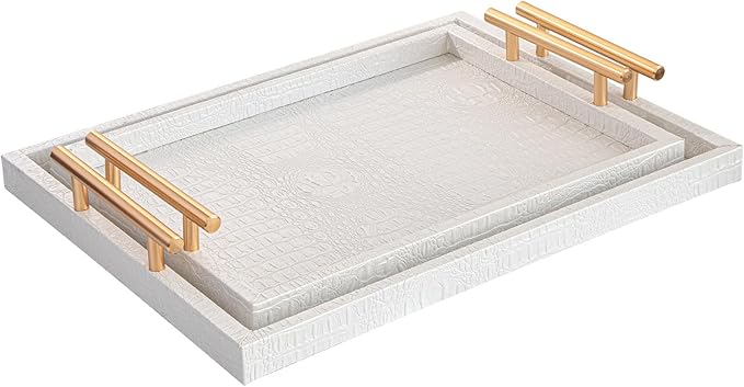 Modern Elegant Large Wood Serving Tray, Set of 2 Pearl White Crocodile Leather with Gold Polished Metal Handles, Home Decorative Rectangle Ottoman Platter Living Room Bathroom Vanity Tray