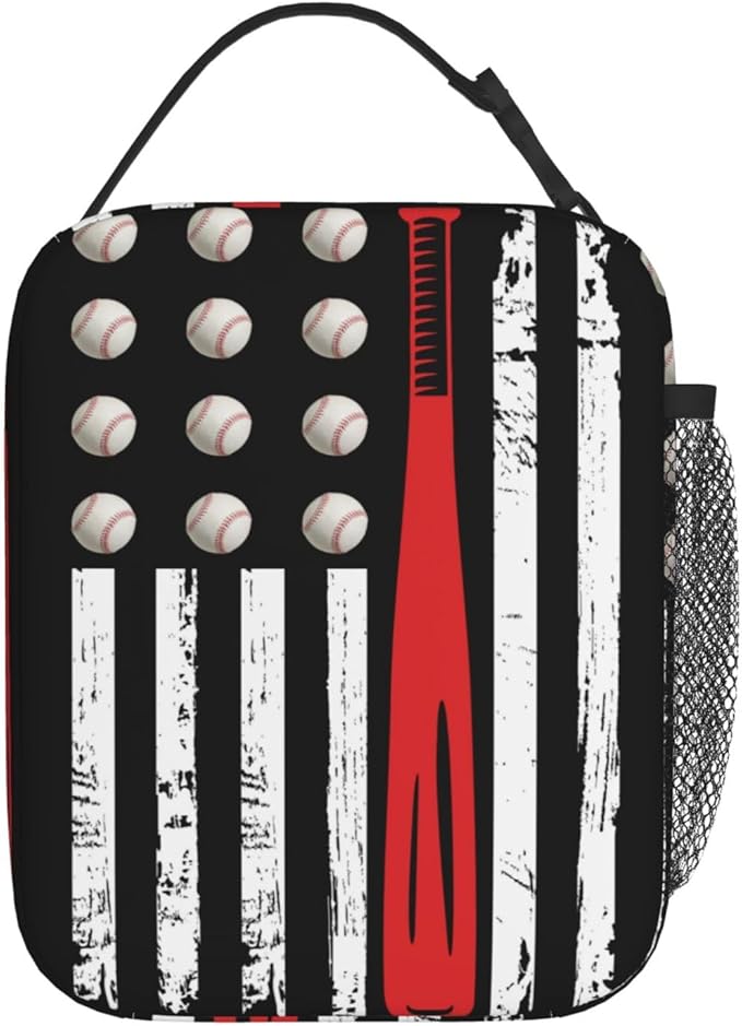 Gianlaima American Usa Flag Baseball Insulated Lunch Box For Women And Man, Portable Lunch Bags Reusable Cooler Tote For Office Work Travel Picnic Camping Beach
