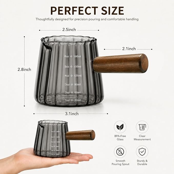 2 Pack Espresso Measuring Cup 6oz, Febwind Ribbed Borosilicate Glass Espresso Shot Cups with Wood Handle, V-Shaped Spout with oz/ml Scale for Coffee and Milk Frothing Gray