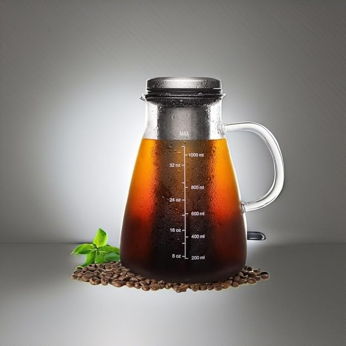 YMMIND Cold Brew Iced Coffee Maker 34oz, Brewed Coffee Pot with Removable Double Mesh 304 Stainless Steel Filter, BPA-Free Cold Brew Pitcher Glass Container, Tea Maker