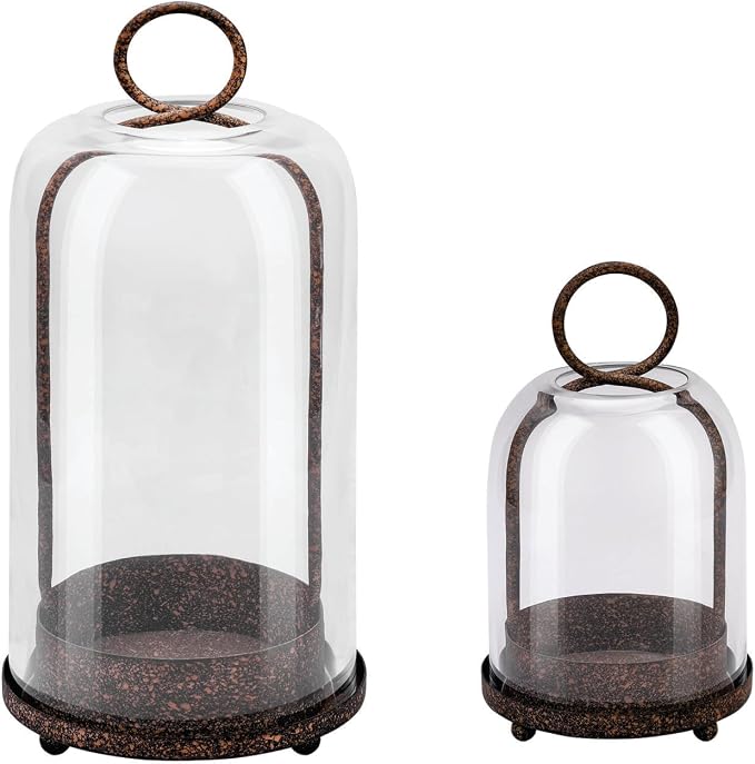 6" & 4" Wide Versatile Modern Metal Hurricane Lantern with Handmade Sturdy Glass Dome in Rustic Brown for Pillar Candle & Plants, Industrial, Farmhouse, Shabby Chic (Brown, 4"x7.5" &6.3"x11.2")