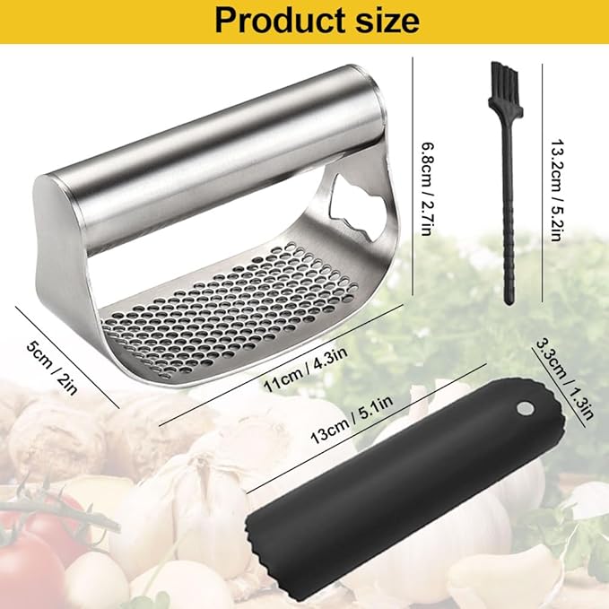 Garlic Press Garlic Presser,2026 Stainless Steel Garlic Presser Bottle Opener Mincer Crusher with Peeler and Cleaning Brush,Multifunctional Kitchen Gadget Garlic Mincer for Woman (A/2PCS)