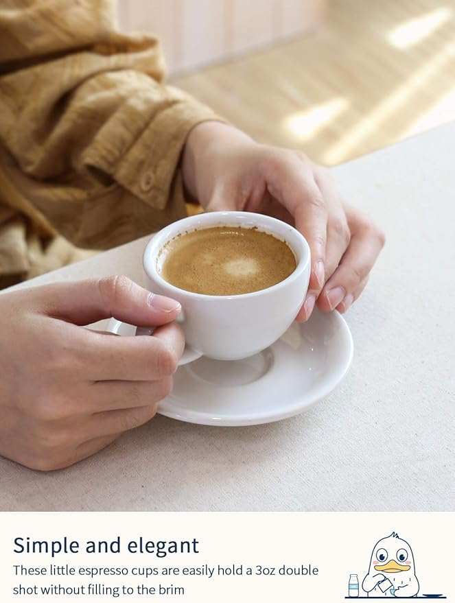 LE TAUCI 3 oz Espresso Cups with Saucers, Set of 4 Ceramic Demitasse Cup and Saucer Set for Double Espresso Shot, Lungo, Ristretto, Embossed Coffee Cups, White