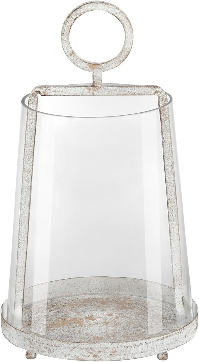 9" Wide Modern Farmhouse Metal Hurricane Candle Holder with Handmade Sturdy Glass Sleeve in Vintage White for Pillar Candle & Plants, Glass Hurricane Lantern, Industrial, Minimalistic