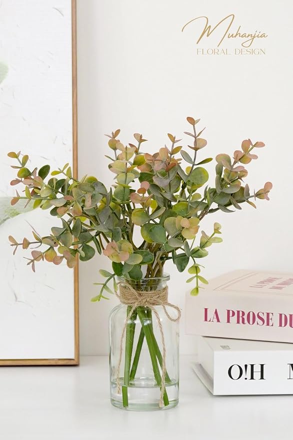 Muhanjia Artificial Eucalyptus Stems in Glass Vase with Faux Water,6Pcs Grey-Orange Fake Plant for Centerpiece (Grey-Orange Eucalyptus)