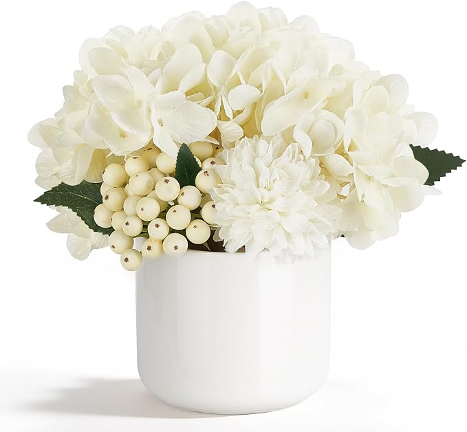 Dahey Hydrangea Artificial Flowers in Small Ceramic Vase, Fake Flower Floral Arrangements for Living Room Bathroom Dining Table Centerpice Wedding Party Spring Home Decor