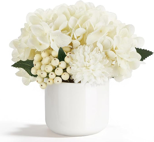 Dahey Hydrangea Artificial Flowers in Small Ceramic Vase, Fake Flower Floral Arrangements for Living Room Bathroom Dining Table Centerpice Wedding Party Spring Home Decor