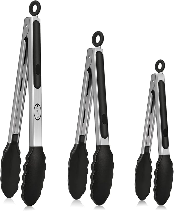 TACGEA Stainless Steel Kitchen Tongs with Silicone Tips, Locking Grilling Food Tongs, 7" 9" and 12", Set of 3 Black