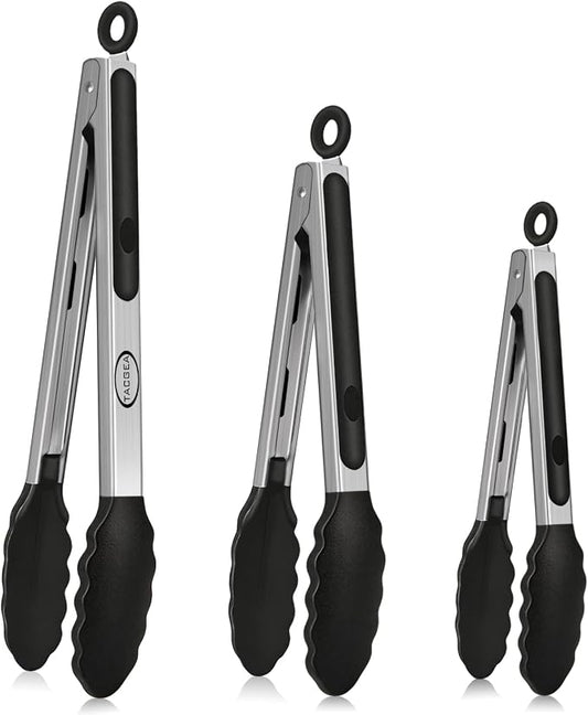 TACGEA Stainless Steel Kitchen Tongs with Silicone Tips, Locking Grilling Food Tongs, 7" 9" and 12", Set of 3 Black