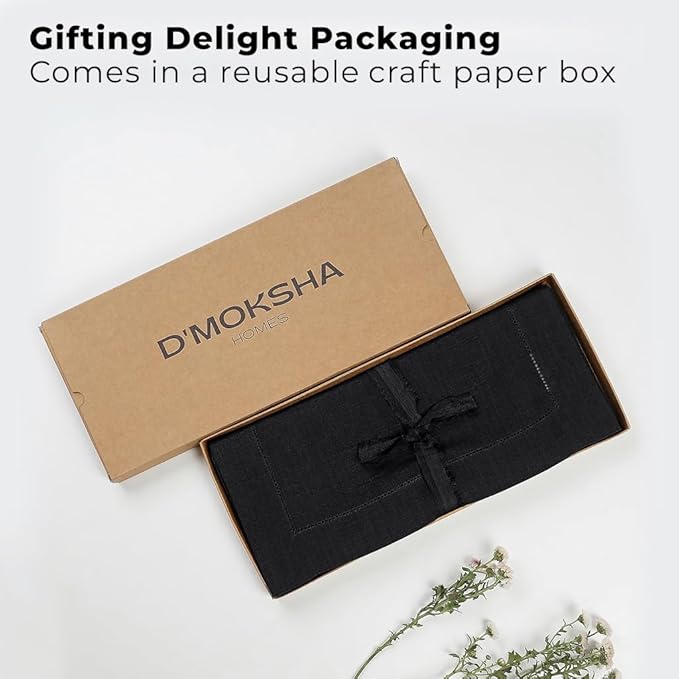 Signature Linen™ by D'Moksha Black Table Runner 84 Inches Long, 100% Pure Linen, Hemstitch, 14 x 84 Inch Table Runner for Dresser, Dining- Summer, Father's Day