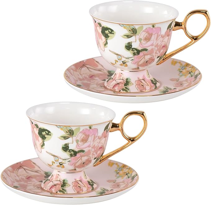 KAMMAK Tea Cups and Saucers Set of 2, Fine Bone China Coffee Cups, Stackable Espresso Mugs, Ceramic Demitasse for Coffee, Cappuccino, Latte, Americano, Tea, Wild Rose
