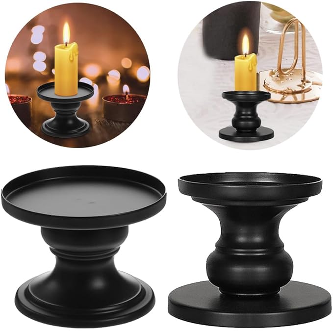 Matte Black Iron Pillar Candle Holders - Set of 2 Candlestick Holders, Metal Candle Holder for Pillar & Taper, Table Mantle Fireplace Farmhouse Home Decor