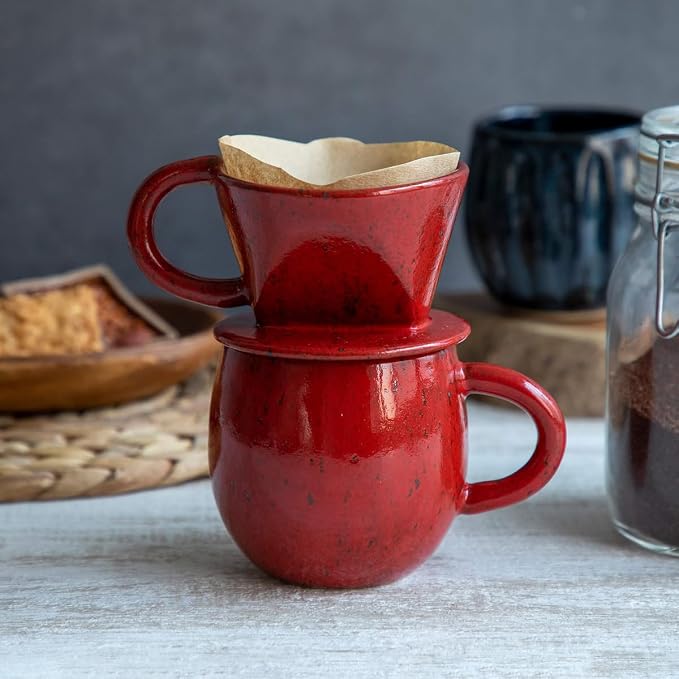 Asayu Japan Ceramic Coffee Pour Over Maker Set in Chrome Red, Slow Brewing Paper Filter Holder and Dripper with 3 Holes for Coffee and Tea (Accessory Ceramic Mug)