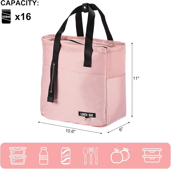PATIKIL Insulated Lunch Bag Reusable Large Lunch Bag for Women & Men Thermal Lunch Box Leakproof Cooler Tote Bag with Side Pockets for Adults Picnic Office Work, Pink (10.6"x6"x11")
