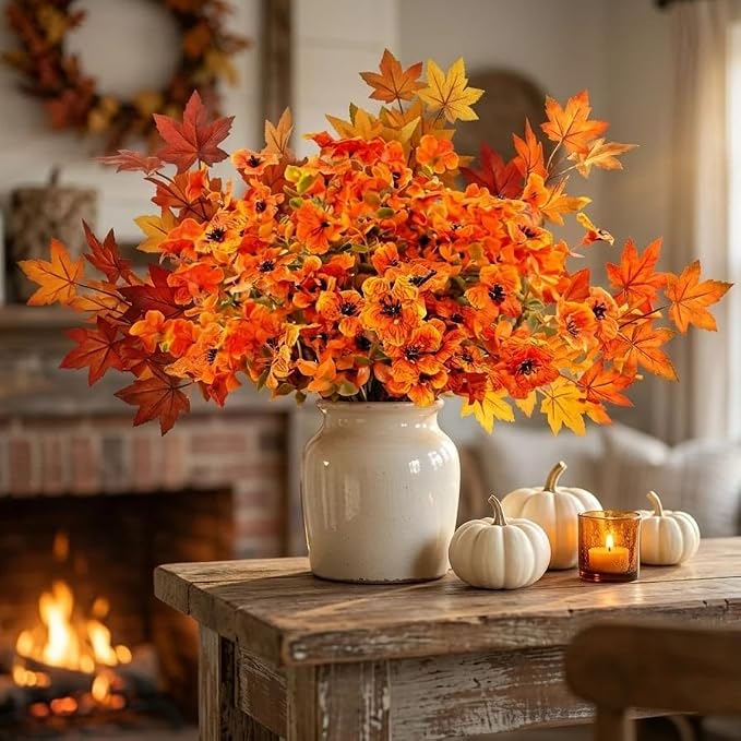 10Pcs Artificial Fall Flowers Outdoor UV Resistant, Faux Mums Orange Silk Flowers with 3-Tone Maple Leaves for Porch Planters, Thanksgiving Autumn Harvest Decor, 14 Inch