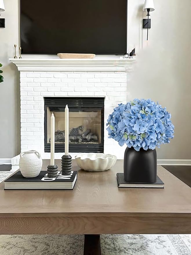 Briful Blue Hydrangea Artificial Flowers in Ceramic Vase, Black Vase Farmhouse Centerpieces for Tables, Dining Table Vase with Fake Flowers for Home Decor Indoor Kitchen Living Room