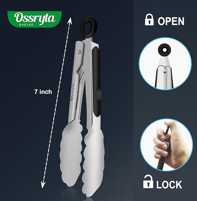 Stainless Steel Small Tong for Cooking - Mini 7 Inch Locking Tongs, Heat Resistant to 600°F, Food Grade Kitchen Metal Tong for Food, Salad, Pasta, Steaks, Vegetables - Dishwasher Safe