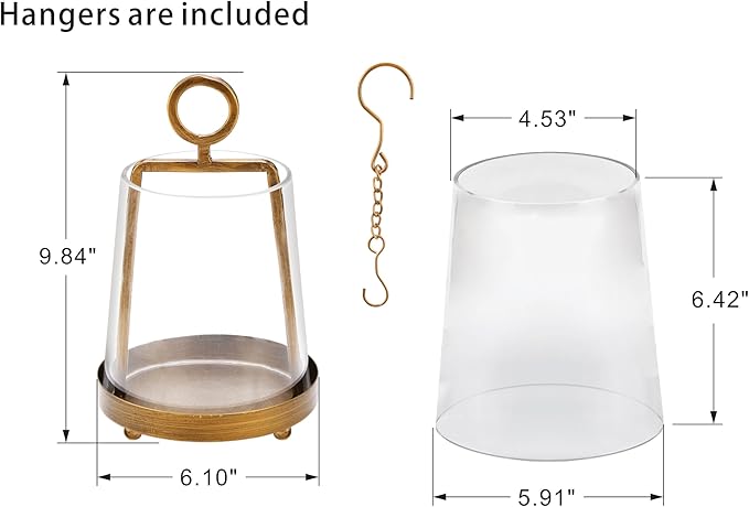 6" Wide Modern Farmhouse Metal Hurricane Candle Holder with Handmade Sturdy Glass Sleeve in Antique Brass for Pillar Candle & Plants, Glass Hurricane Lantern, Industrial, Minimalistic