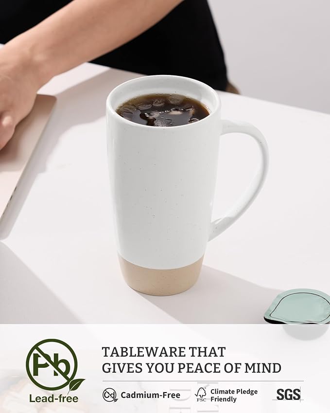 famiware Milkyway Coffee Mugs, 20oz Large Coffee Mug, Ceramic Mug Set of 2 with Lid, Cup Set with Handle for Latte, Tea, Cocoa, Milk, Home & Office, White and Dark Gray