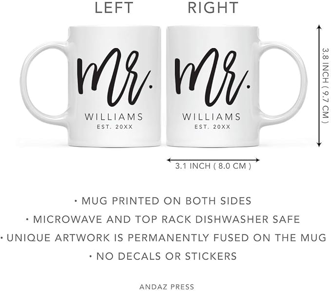 Andaz Press Personalized Name 11oz. Ceramic Ceramic Valentines Day Coffee Mugs Wedding Anniversary Couples Gift Set, Mr. Mr. Williams Est. 2026, Script Style, 2-Pack, Custom Names, Long Distance Gift