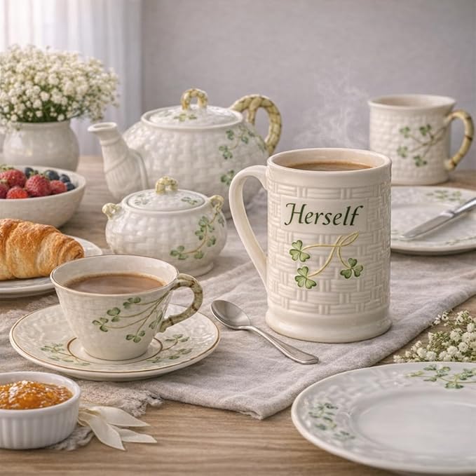 Belleek Classic Herself 12 oz Irish Coffee Mug, Handcrafted Microwave Safe Parian China Cup, Shamrock Decor, White