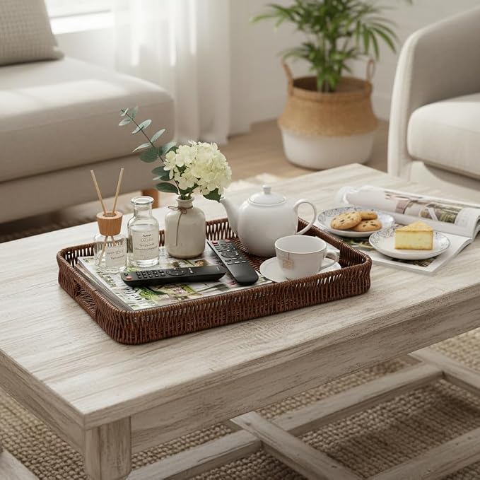 2pcs Rectangular Serving Tray with Handles, Decorative Wicker Organizer Baskets Storage Tray for Coffee Table, Bread, Fruit, Snacks, Centerpiece Decor