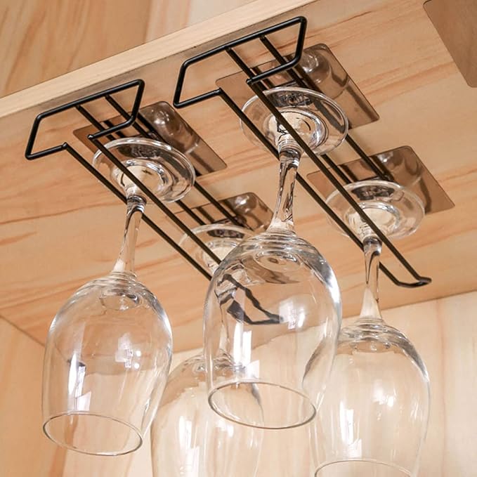 FaLKiN Wine Glass Rack，10.2 Inch Black Wall Mounted Under Cabinet Wine Glass Holder Stemware Wine Glasses Storage Hanger Metal Organizer, Hanging Stemware Holder for Bar Kitchen