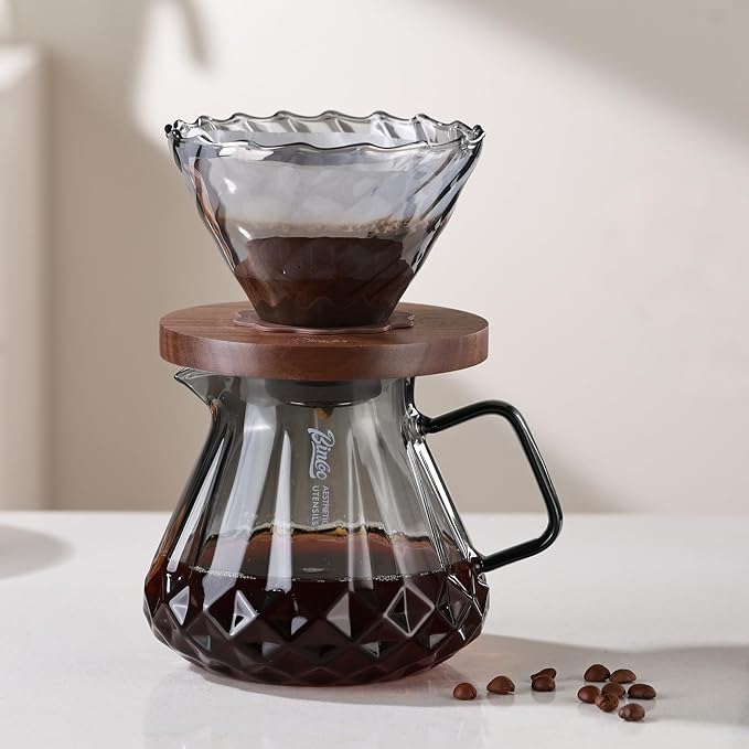 Bincoo Pour Over Coffee Maker&Dripper, Style Cone Filter + 600ml Glass Coffee Server, Manual Coffee Brewer Set, Reusable Coffee Filter Holder, Great Gift for Coffee Enthusiasts（Grey