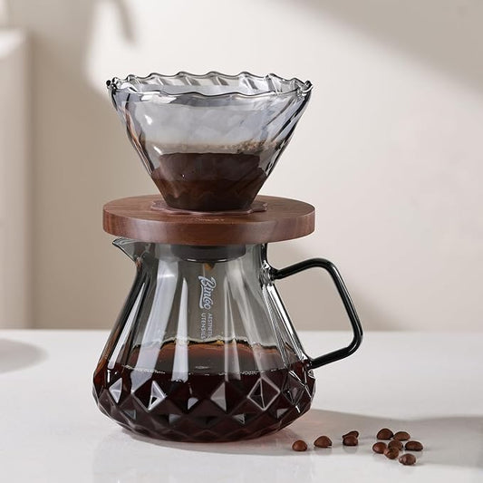 Bincoo Pour Over Coffee Maker&Dripper, Style Cone Filter + 600ml Glass Coffee Server, Manual Coffee Brewer Set, Reusable Coffee Filter Holder, Great Gift for Coffee Enthusiasts（Grey